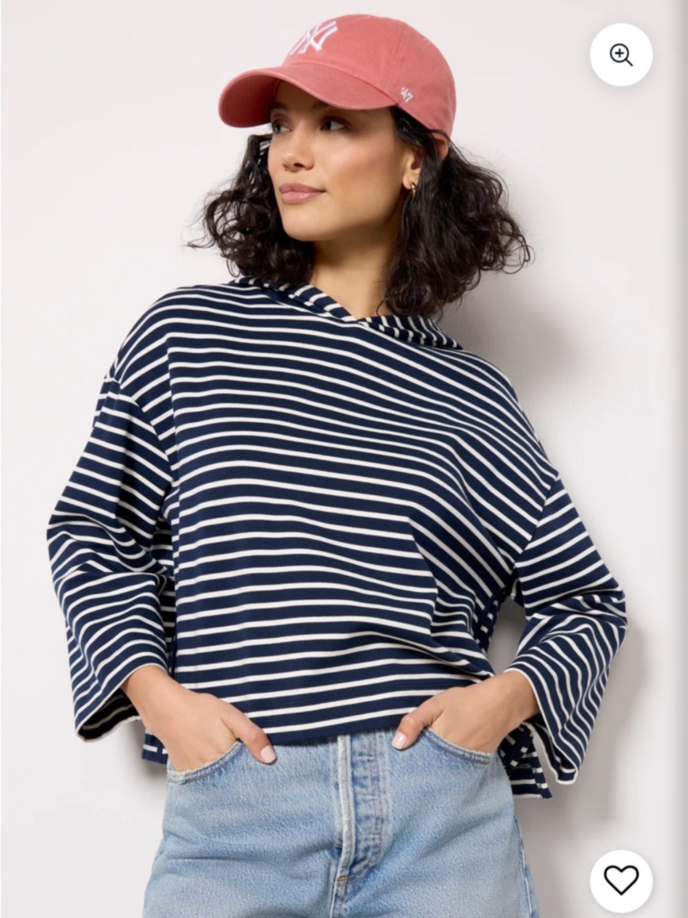 Evereve Mia blue and white stripe hoodie 3/4 sleeve slight crop drop shoulder - Picture 2 of 16